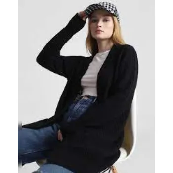 Black Rib Knit Long Cardigan|